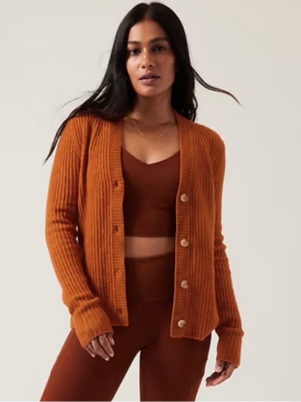 Athleta Layover Cardigan Foliage Orange Sweater Button Waffle Ribbed Knit Sz M
